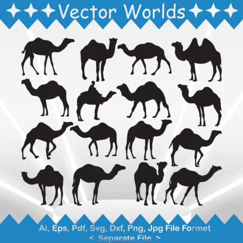Set of silhouettes of camels on a blue and white background.