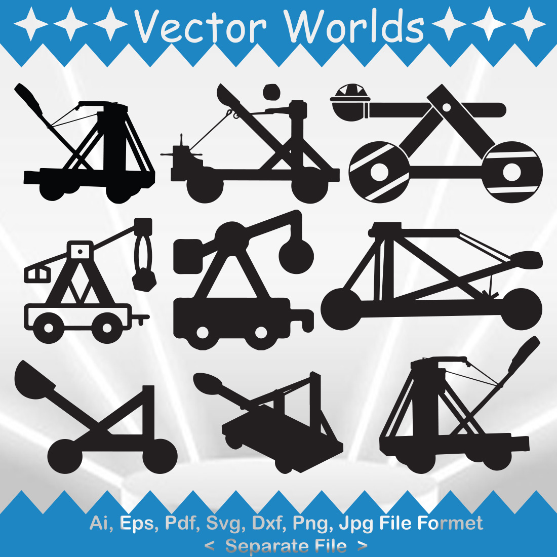 Set of charming vector image of the silhouette of the catapults.