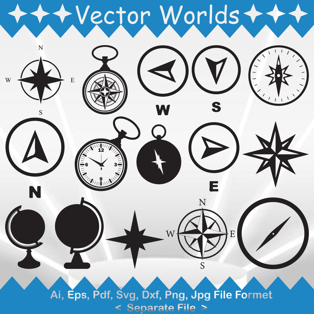 Collection of gorgeous vector images of compass silhouettes