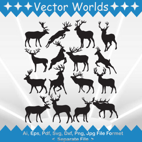 Collection of deer silhouettes on a blue and white background.