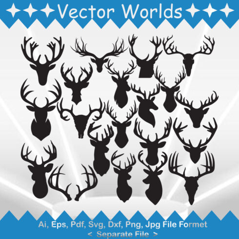 Set of deer head silhouettes on a blue and white background.