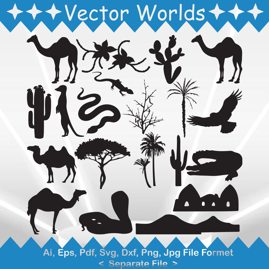 Set of silhouettes of desert animals.