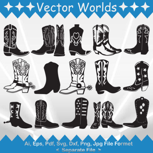 A selection of exquisite vector images of silhouettes of cowboy boots