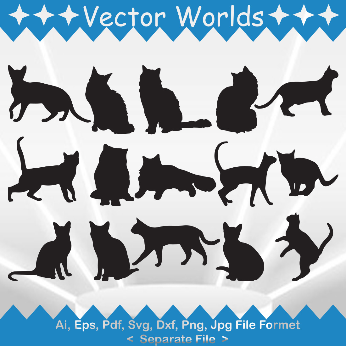 Set of cats silhouettes on a blue background.