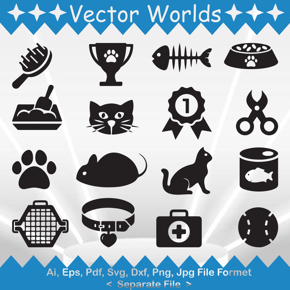 Set of black and white dog and cat icons.