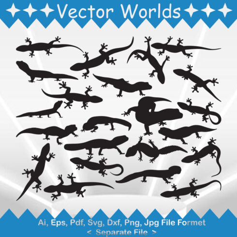 Set of lizards silhouettes on a blue and white background.