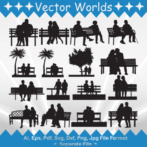 Collection of gorgeous vector image of silhouettes of couples on benches