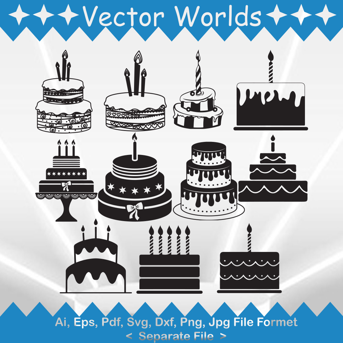 Pack of enchanting images of silhouettes of birthday cakes