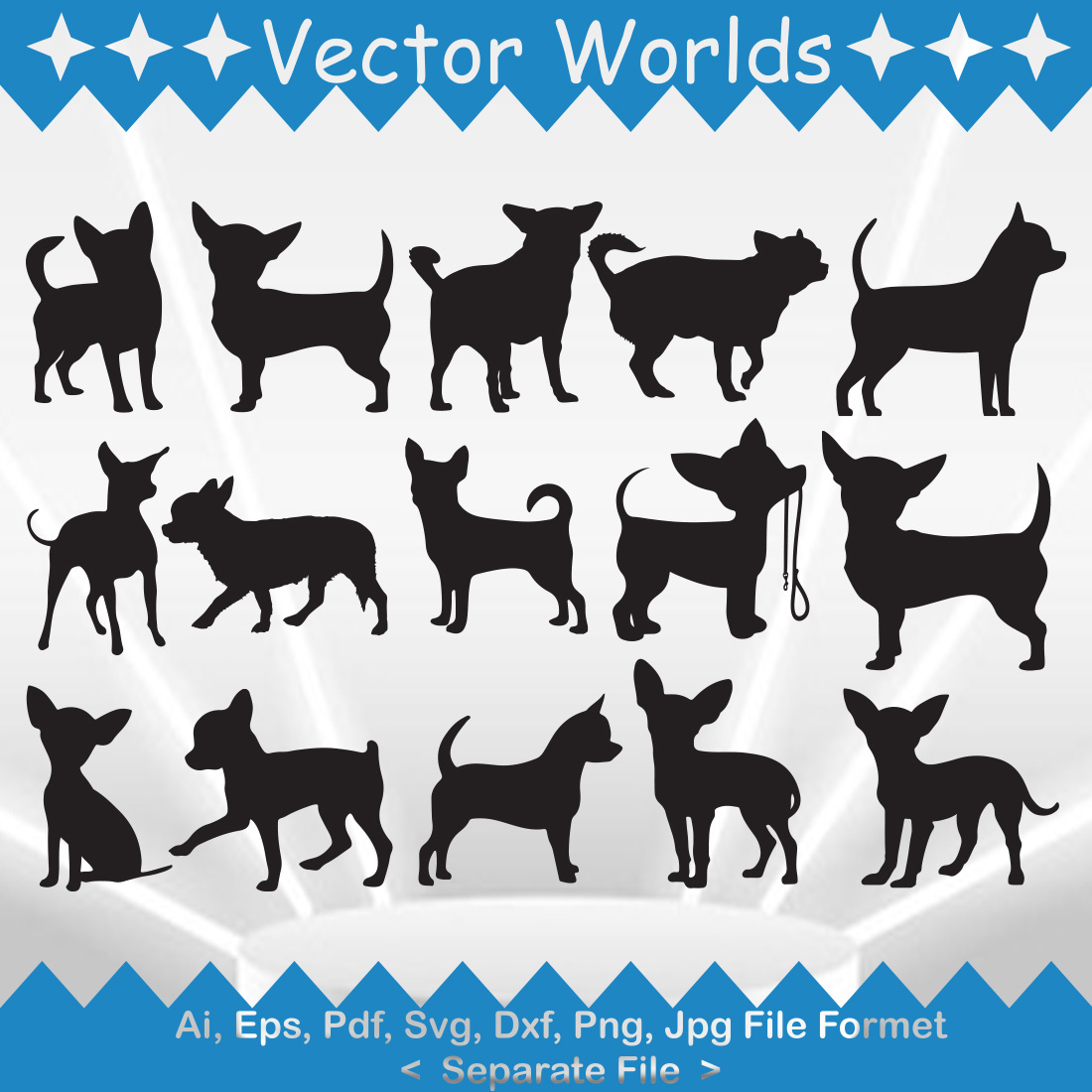 Set of dog silhouettes on a blue and white background.