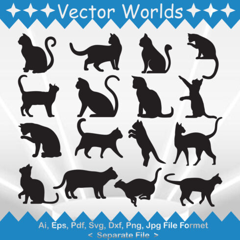 Set of cats silhouettes on a blue and white background.