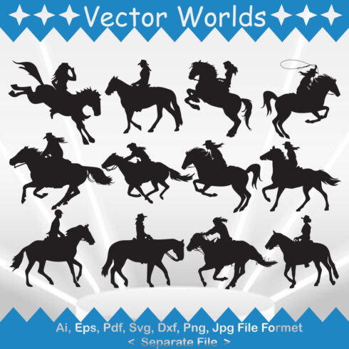 A selection of exquisite vector image silhouettes of a cowgirl on a horse