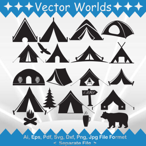 Pack of great vector images silhouettes of tents.