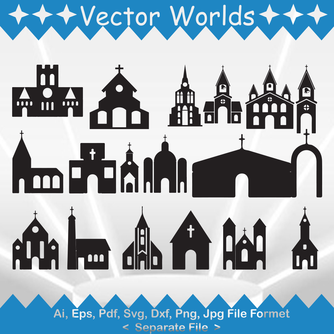 Set of beautiful vector images of the silhouette of a Christian church.