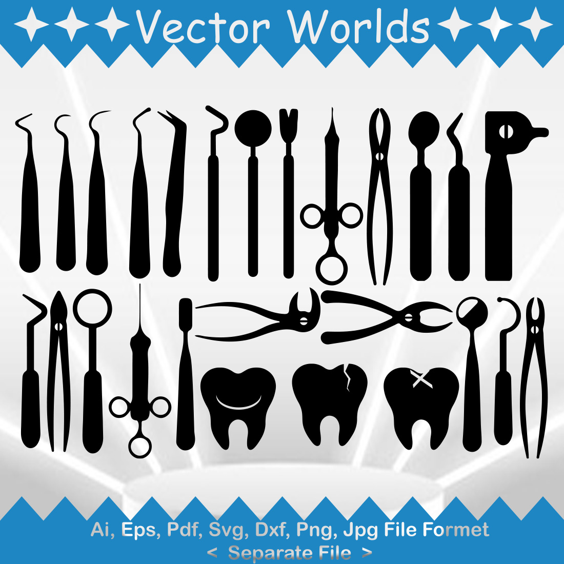 A pack of enchanting images of silhouettes of dentist tools