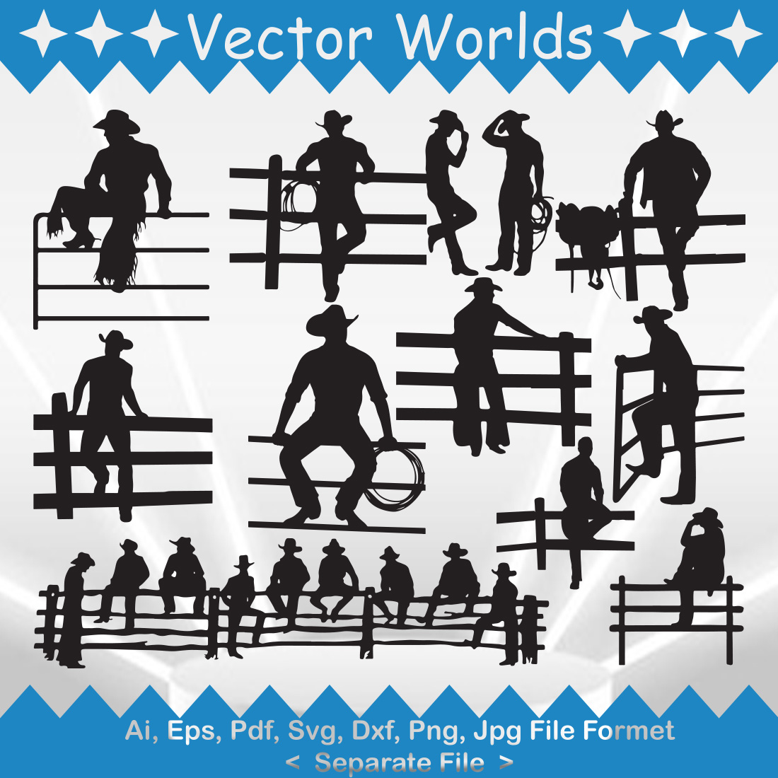 A selection of exquisite vector images of silhouettes of cowboys near the fence