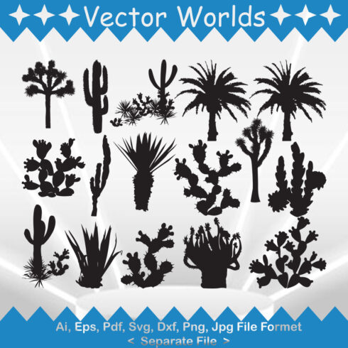 Set of gorgeous vector images of cactus tree silhouettes.