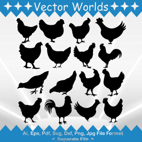 Set of chickens and roosters silhouettes.