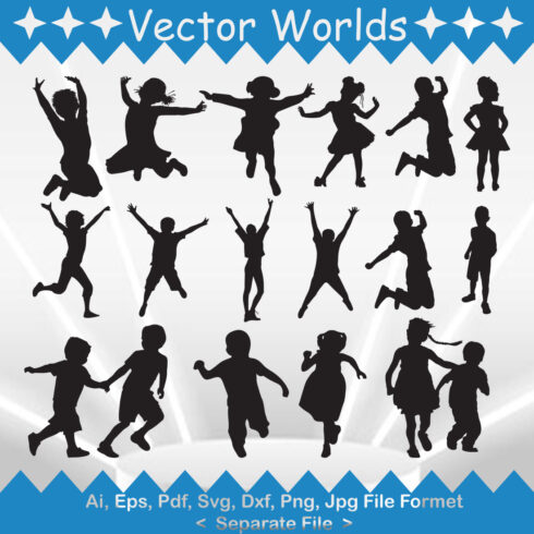 A selection of unique vector images of the silhouette of children.