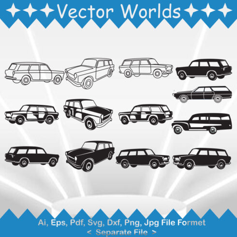 Set of beautiful vector images of silhouettes of a classic station wagon.