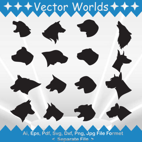 Set of silhouettes of dogs on a blue and white background.