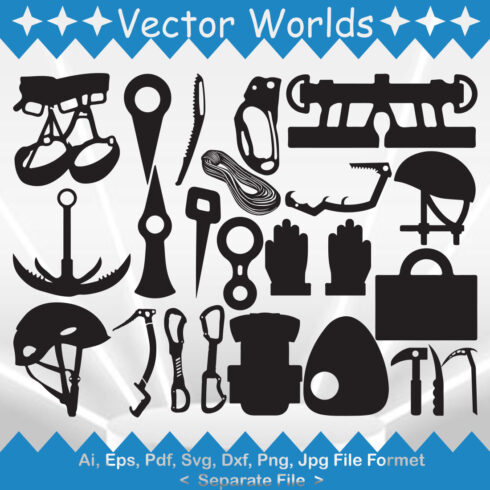 Set of beautiful vector images of climbing equipment silhouettes.