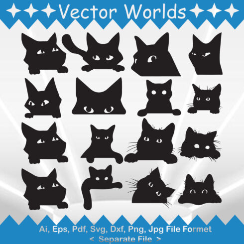 Set of black cats with different expressions.