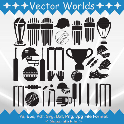 A selection of exquisite vector image silhouettes of equipment for cricket