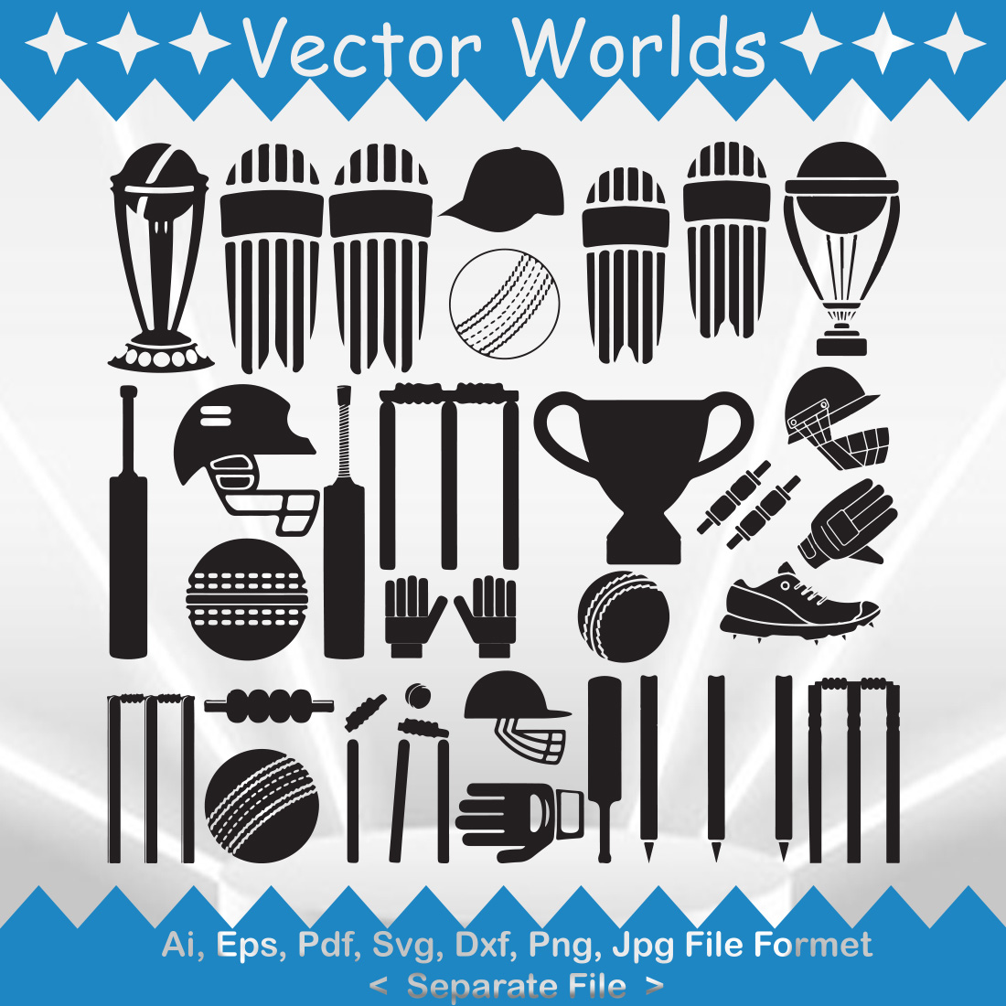 A selection of exquisite vector image silhouettes of equipment for cricket