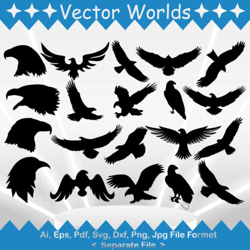 Set of silhouettes of birds flying in the sky.
