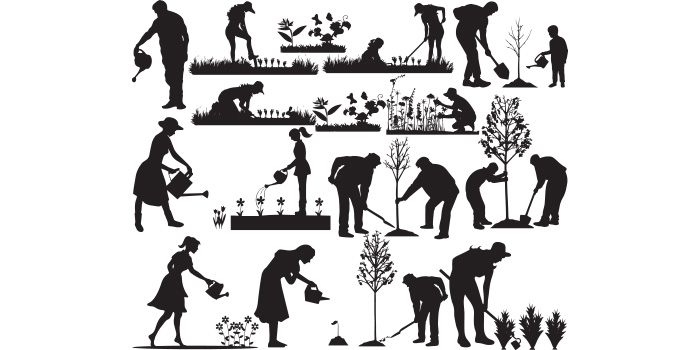 A set of beautiful images of silhouettes of people doing gardening