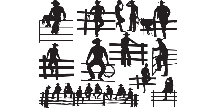 Set of amazing vector images of cowboys silhouettes near the fence