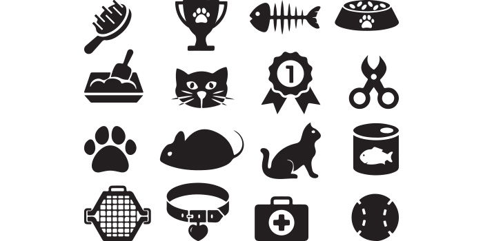 Set of black and white silhouettes of cat related items.