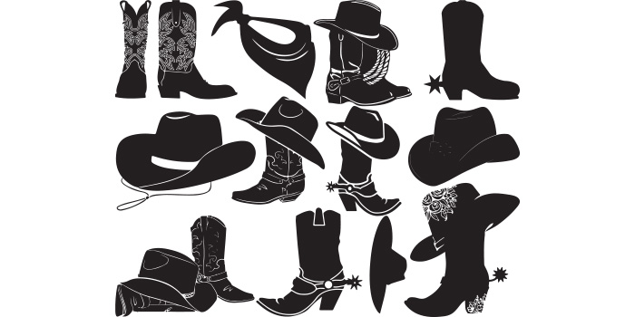 Collection of enchanting vector images of silhouettes of cowboy clothes