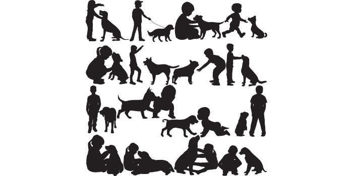 Collection of amazing vector image of a silhouette of a child with a dog.