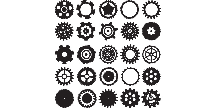 Set of beautiful images of gears silhouettes