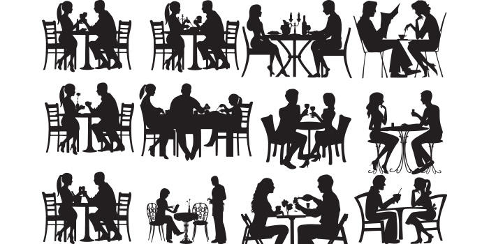 A selection of irresistible vector images of silhouettes of a couple at a table in a restaurant