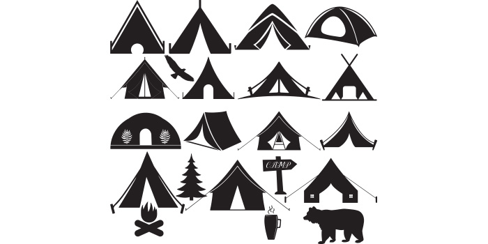 Set of adorable vector images of tent silhouettes.