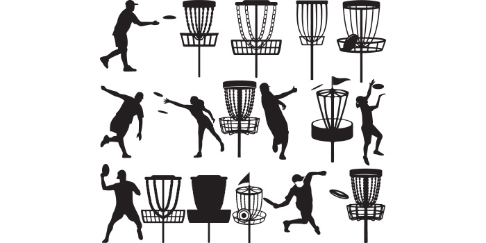A set of unique images of silhouettes of baskets for Disc Golf