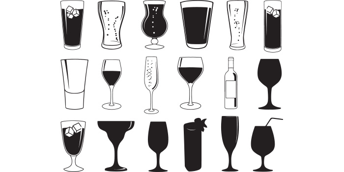Set of beautiful images of silhouettes of glasses for drinks