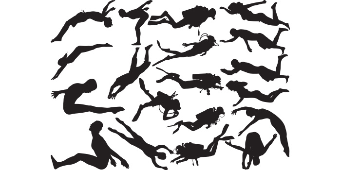 Set of unique images of diver silhouettes