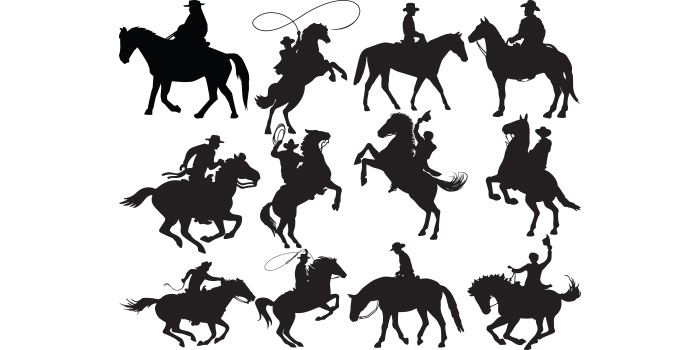 Set of amazing vector images of silhouettes of cowboys on a horse