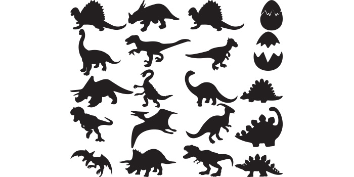 Set of silhouettes of dinosaurs and eggs.