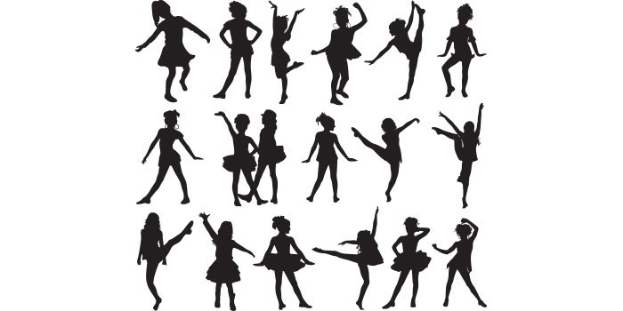 A selection of unique vector images of the silhouette of a dancing child.