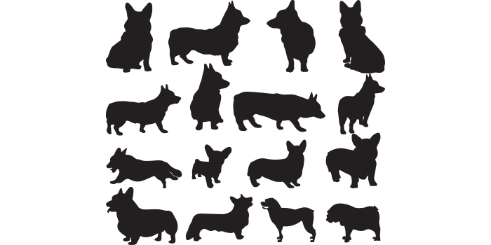 Collection of dogs silhouettes on a white background.