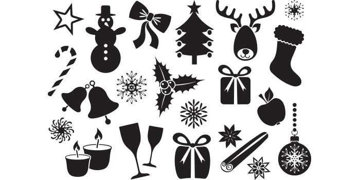 A selection of unique vector images of the silhouette of Christmas accessories.