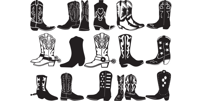 Set of amazing vector images of cowboy boots silhouettes