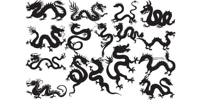 A selection of unique vector images of the silhouette of a Chinese dragon.