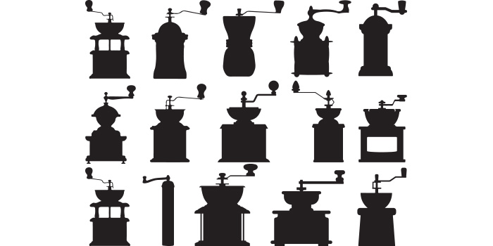 A selection of unique vector images of silhouettes of coffee grinders