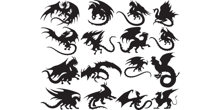 Set of black dragon silhouettes on a white background.