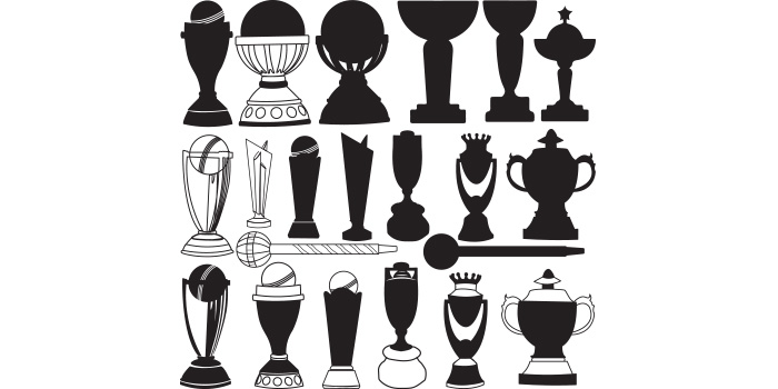 Set of amazing vector images of silhouettes of cricket trophies.